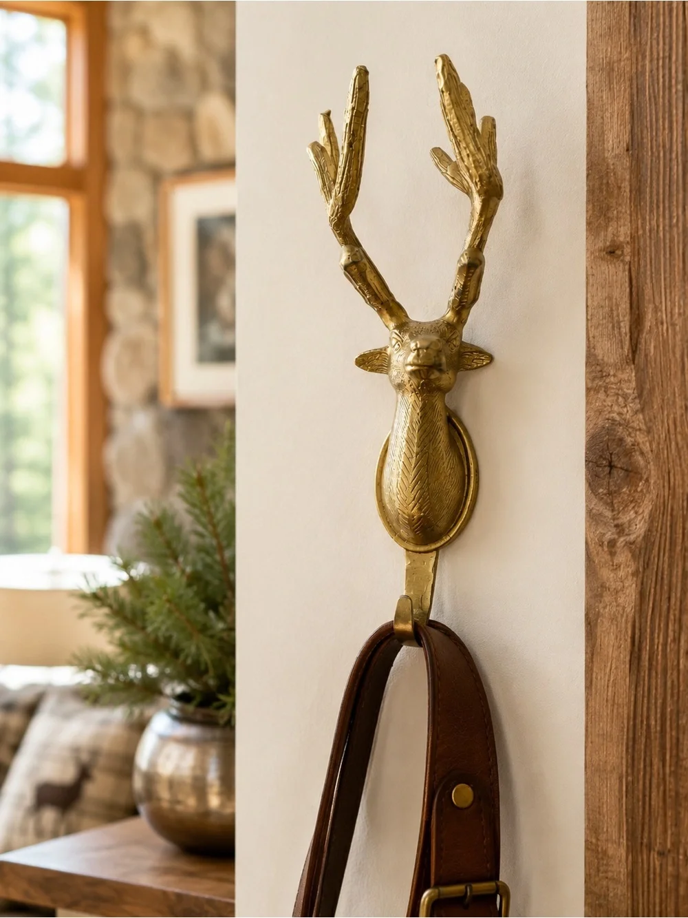 Vtg Cast Brass Stag Deer Head Wall Hook Equestrian Lodge Decor #06152610